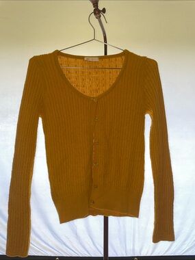 Women's Mustard Ribbed Button-Front Sweater Cardigan
